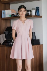 Jacque Mandarin Collar Pleated Dress In Pink