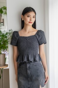 Hydra Smocked Denim Top In Stone Wash