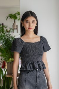 Hydra Smocked Denim Top In Stone Wash