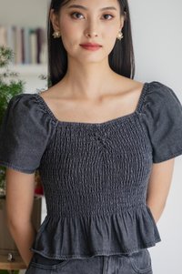 Hydra Smocked Denim Top In Stone Wash