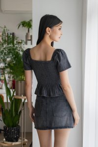 Hydra Smocked Denim Top In Stone Wash