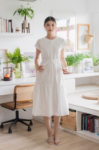 Calixa Eyelet Drawstring Buttons Midi Dress In White