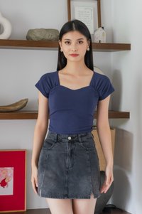 Justine Side Ruched Padded Top In Navy