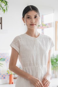 Calixa Eyelet Drawstring Buttons Midi Dress In White