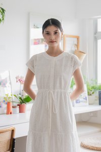 Calixa Eyelet Drawstring Buttons Midi Dress In White