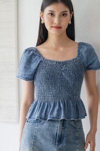 Hydra Smocked Denim Top In Denim Wash