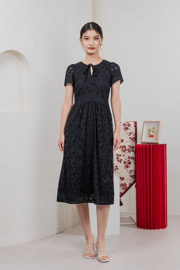 Kindred Eyelet Midi Dress In Black