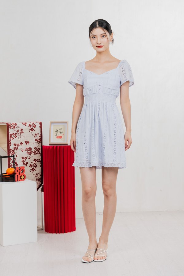 Tansy Eyelet Smocked Waist Dress In Powder Blue