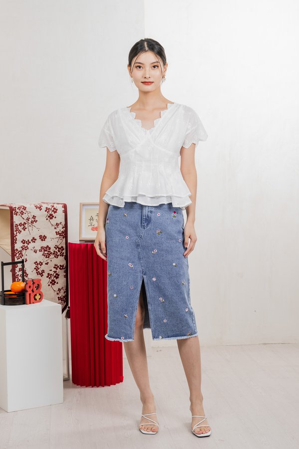 Nancie Floral Eyelet Empire Top In White
