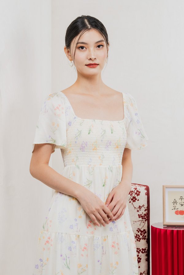 Villa Watercolour Smocked Tiered Midi Dress In Cream