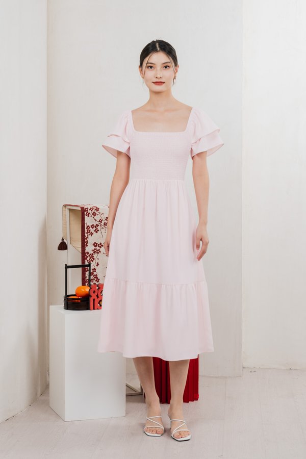 Naia Smocked Flare Sleeves Midi Dress In Pastel Pink