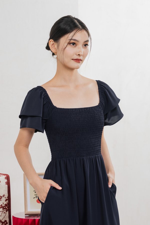 Naia Smocked Flare Sleeves Midi Dress In Navy