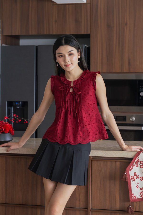 Heartstrings Eyelet Ruffles Top In Wine Red