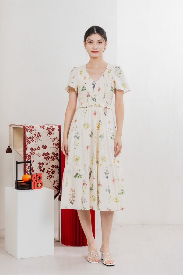 Springfields Smocked Midi Dress In Cream