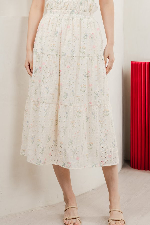Spring Melody Eyelet Tiered Midi Skirt