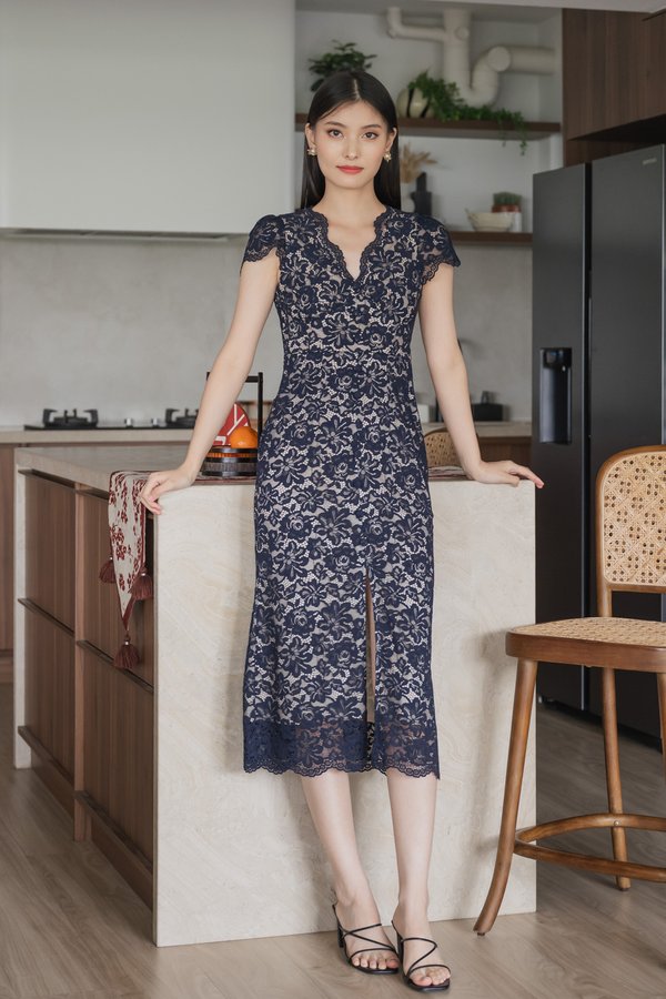 Xiu Lace Buttons Maxi Dress In Navy