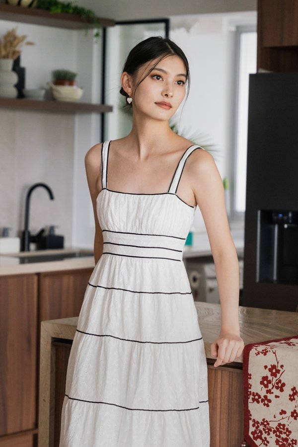 Vienna Eyelet Contrast Midi Dress In White