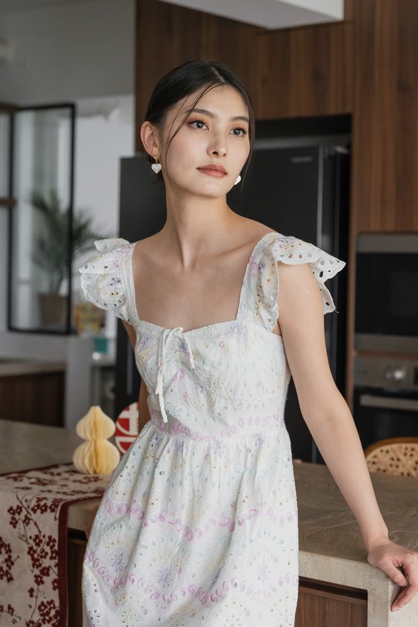 Rhys Rainbow Eyelet Ruffles Dress in Rainbow