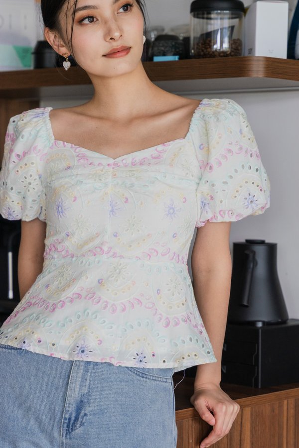 Rhys Rainbow Eyelet Sweetheart Top in Rainbow
