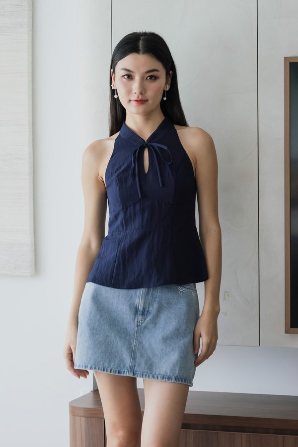 Lunar Mandarin Collar Halter Top In Navy