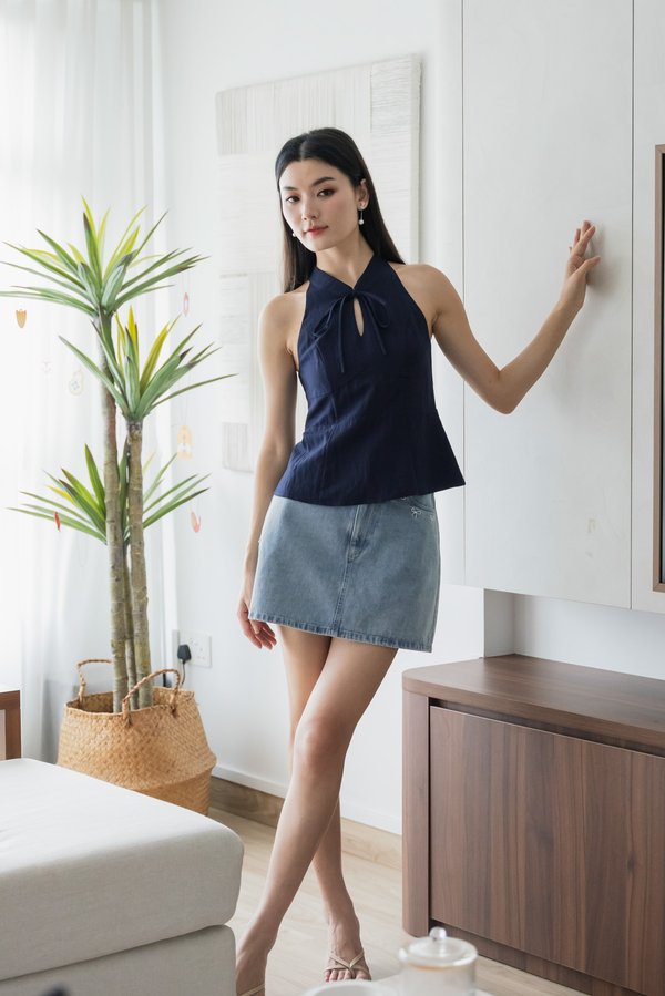 Lunar Mandarin Collar Halter Top In Navy