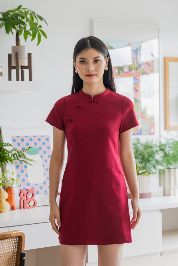 Hui Qipao Cotton Dress In Wine