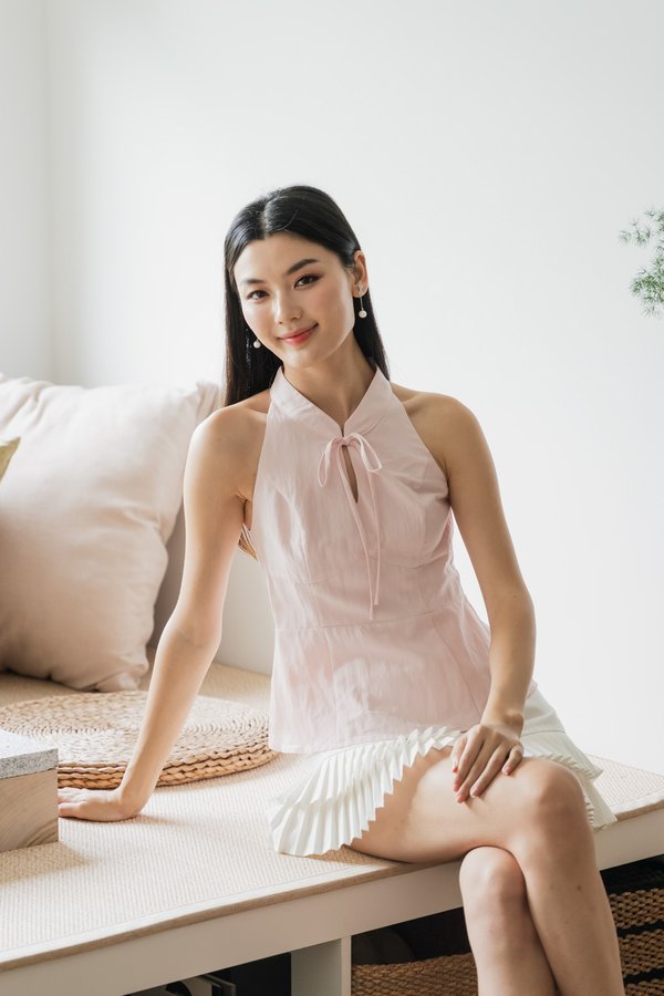 Lunar Mandarin Collar Halter Top In Ice Pink