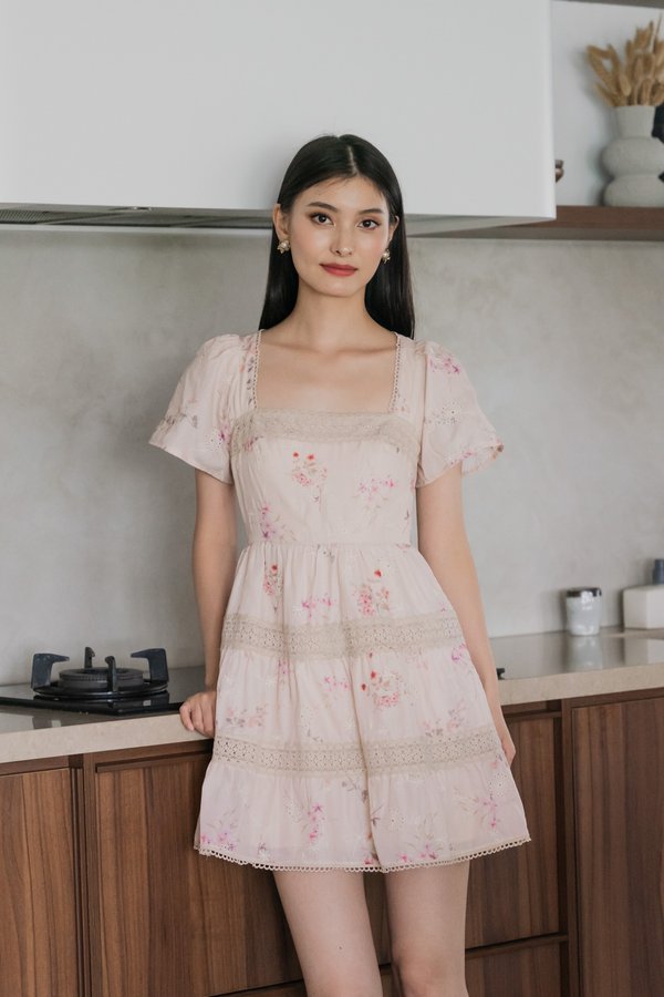 Petals Floral Eyelet Crochet Dress In Blush Pink