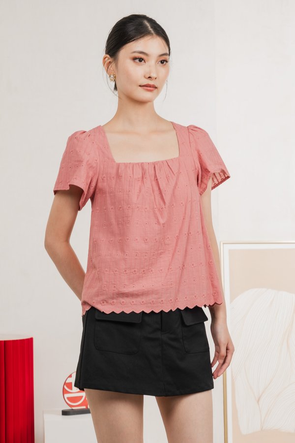 Genova Embroidery Eyelet Gathered Top In Rose