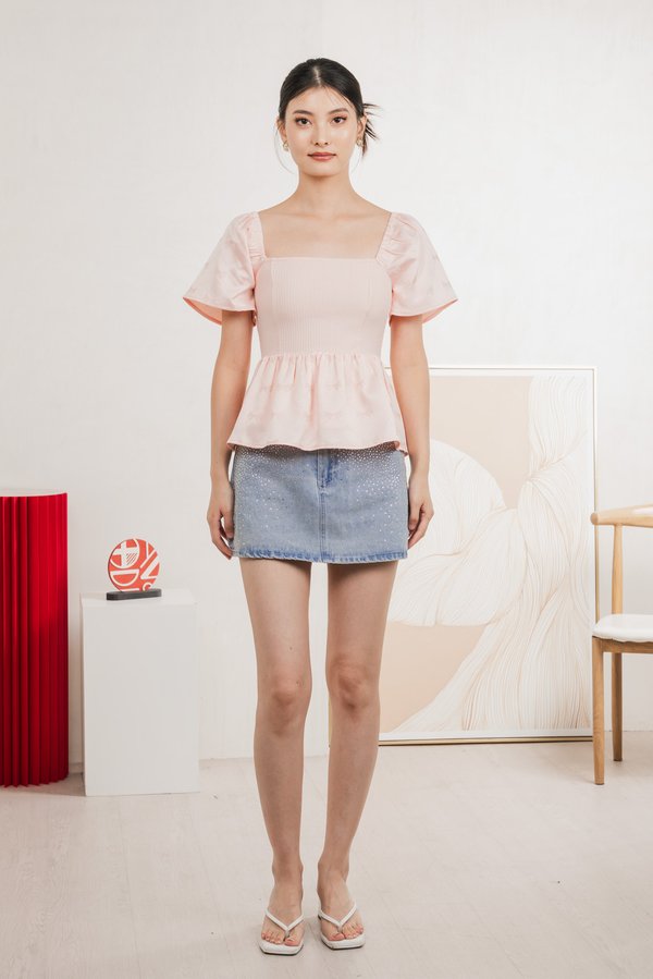 Marcelle Mixed Fabric Ribbon Texture Top In Blush Pink