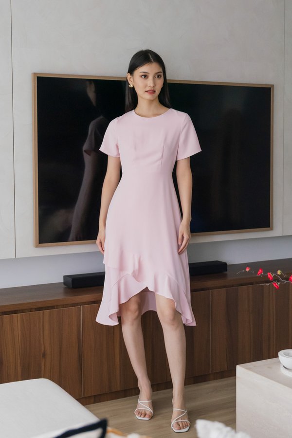 Sharon Ruffle Hem Midi Dress In Pink