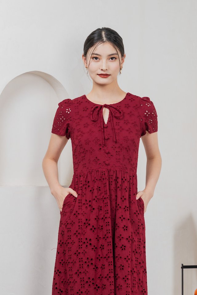 Kindred Eyelet Midi Dress In Red