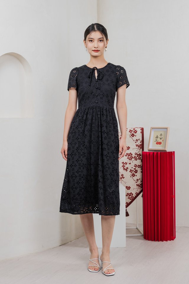 Kindred Eyelet Midi Dress In Black
