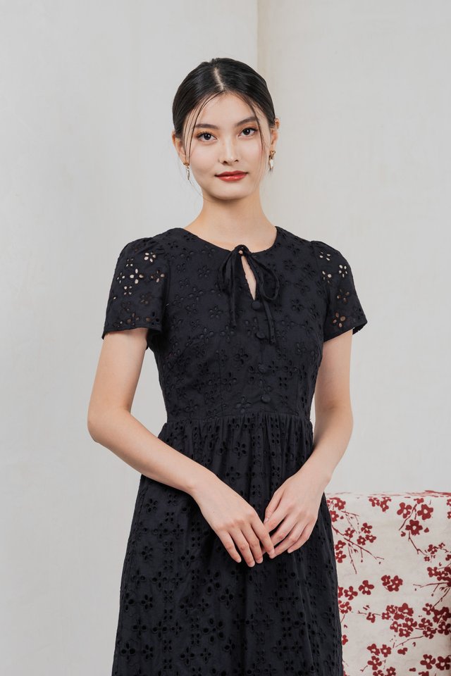 Kindred Eyelet Midi Dress In Black