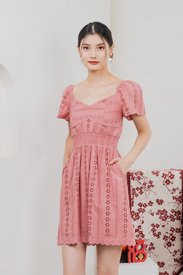 Tansy Eyelet Smocked Waist Dress In Rose