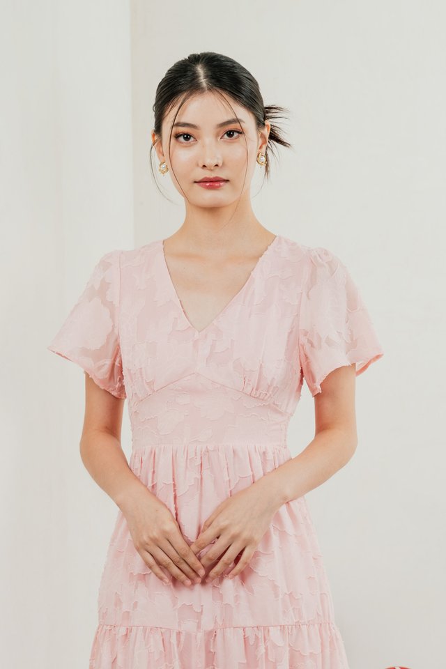 Navillera Textured Tiered Midi Dress In Peach Pink