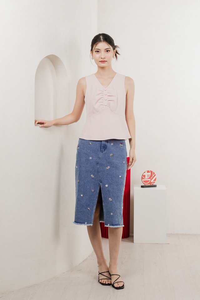 Beyond Ruched Buttons Work Top In Pink