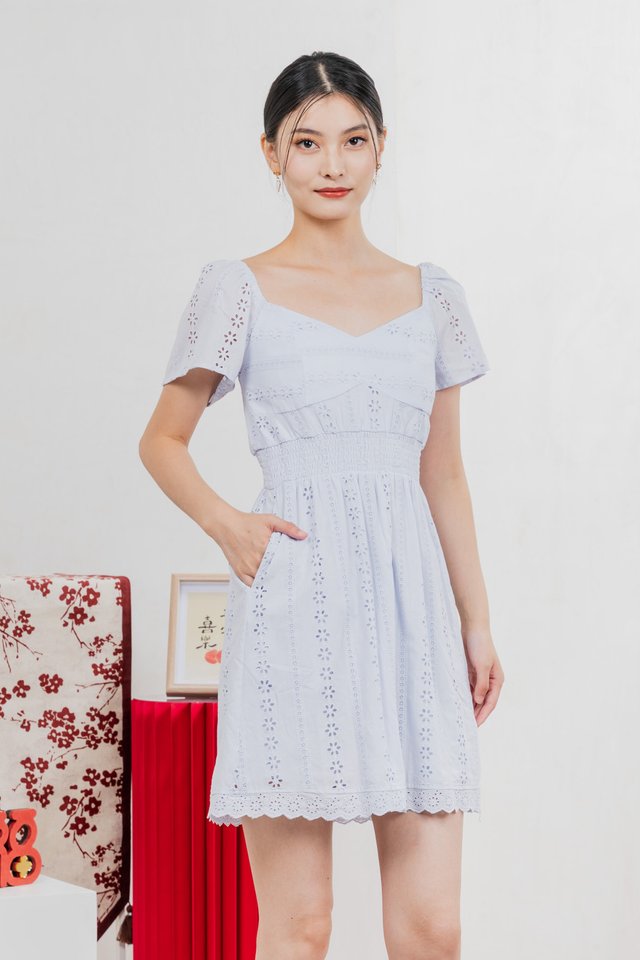 Tansy Eyelet Smocked Waist Dress In Powder Blue