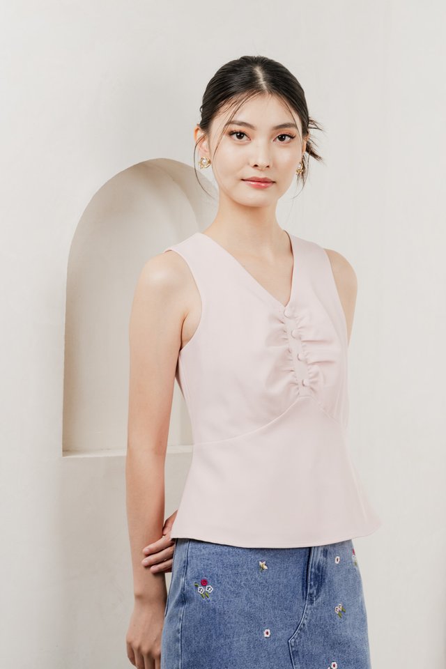 Beyond Ruched Buttons Work Top In Pink