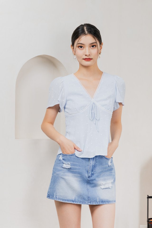 Rong Swissdot Textured Ribbon Top In Pastel Blue