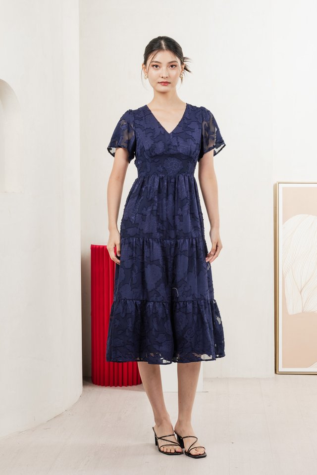 Navillera Textured Tiered Midi Dress In Navy