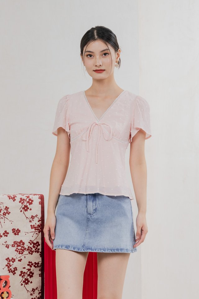 Rong Swissdot Textured Ribbon Top In Soft Pink