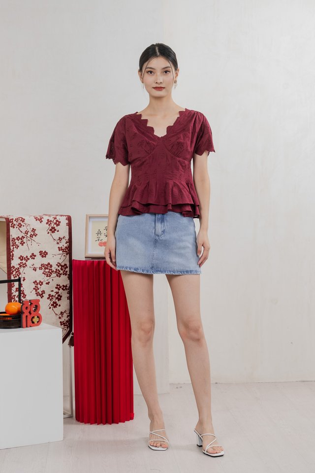 Nancie Floral Eyelet Empire Top In Wine