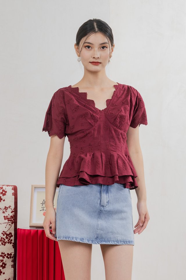 Nancie Floral Eyelet Empire Top In Wine
