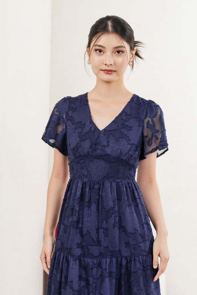 Navillera Textured Tiered Midi Dress In Navy