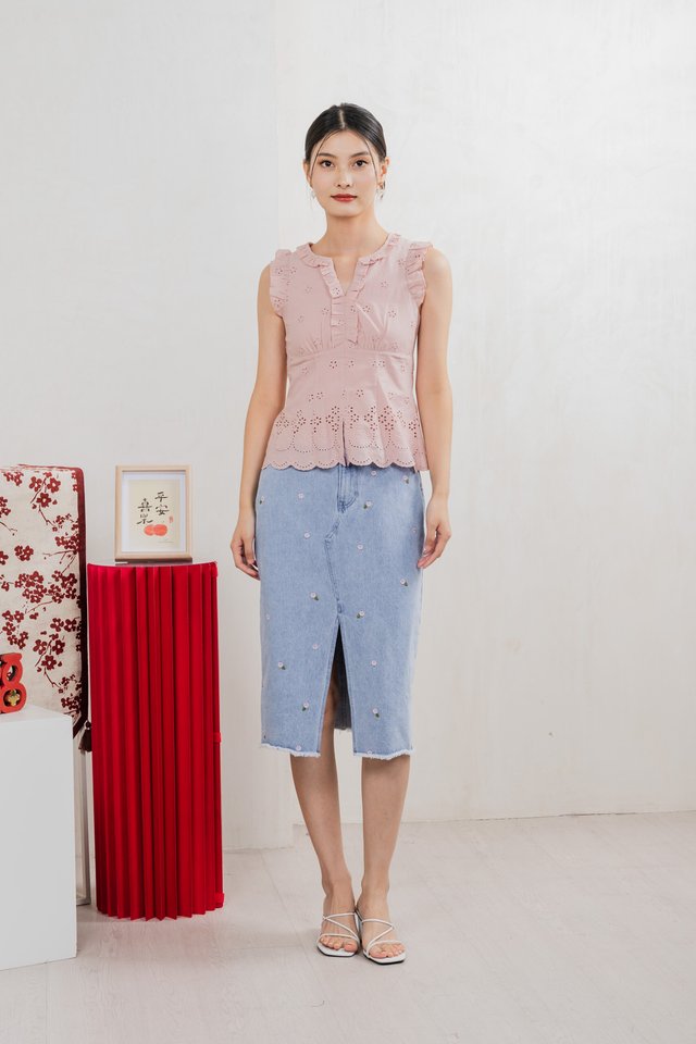 Marykae Eyelet Ruffles Top In Pink