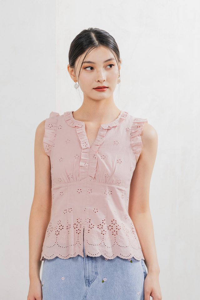 Marykae Eyelet Ruffles Top In Pink