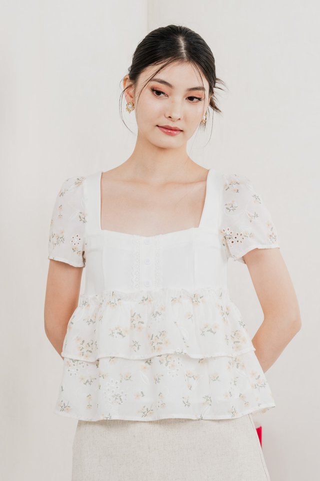 In Bloom Embroidery Buttons Top In Yellow Florals