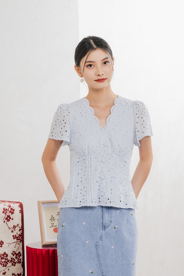Orielle Eyelet Buttons Top In Powder Blue