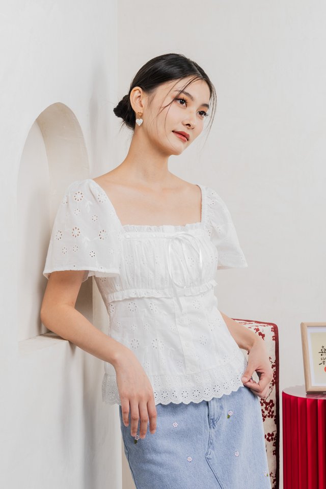 Simplicite Eyelet Ribbonette Top In White